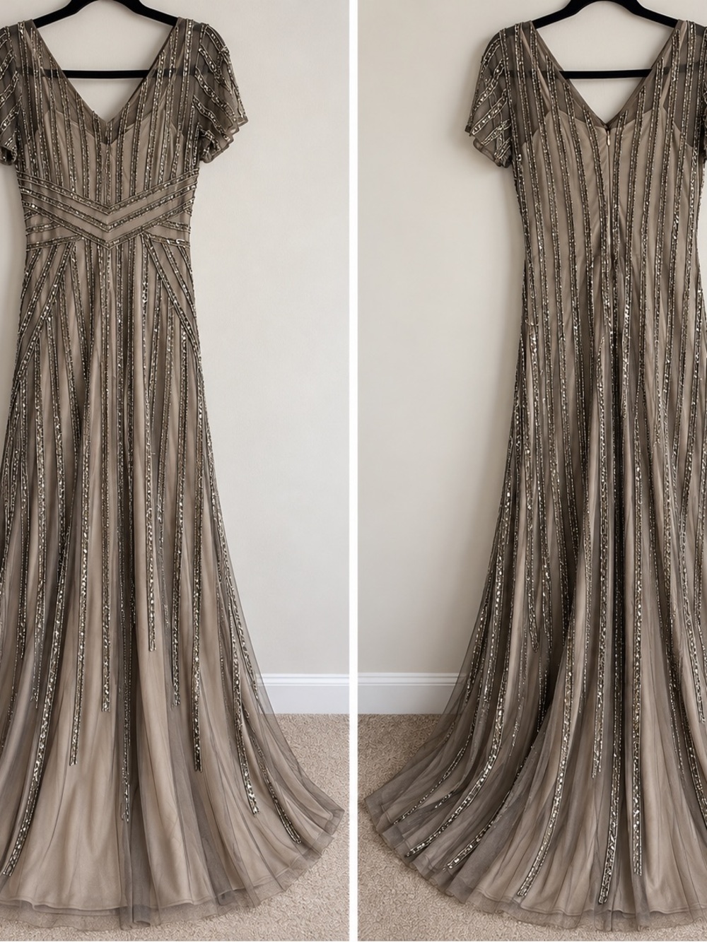 Adrianna Papell Beaded Taupe V-Neck Evening Gown